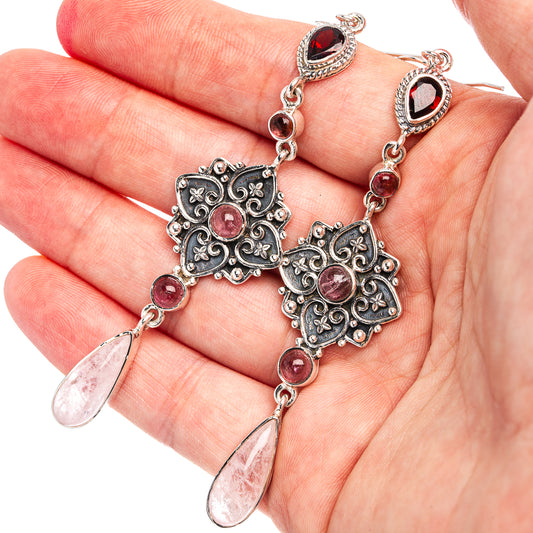 Sterling silver filigree earrings with pink and red round stones and pear-drop charms