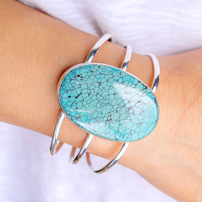 Tibetan Turquoise Cuff Bracelet Adjustable (.925 Sterling Silver)