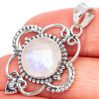 925 sterling silver moonstone pendant with beaded round frame, oval cabochon, and loops