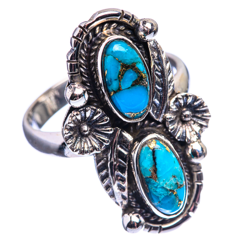 Turquoise oval-stone ring with two blue stones in ornate sterling silver setting