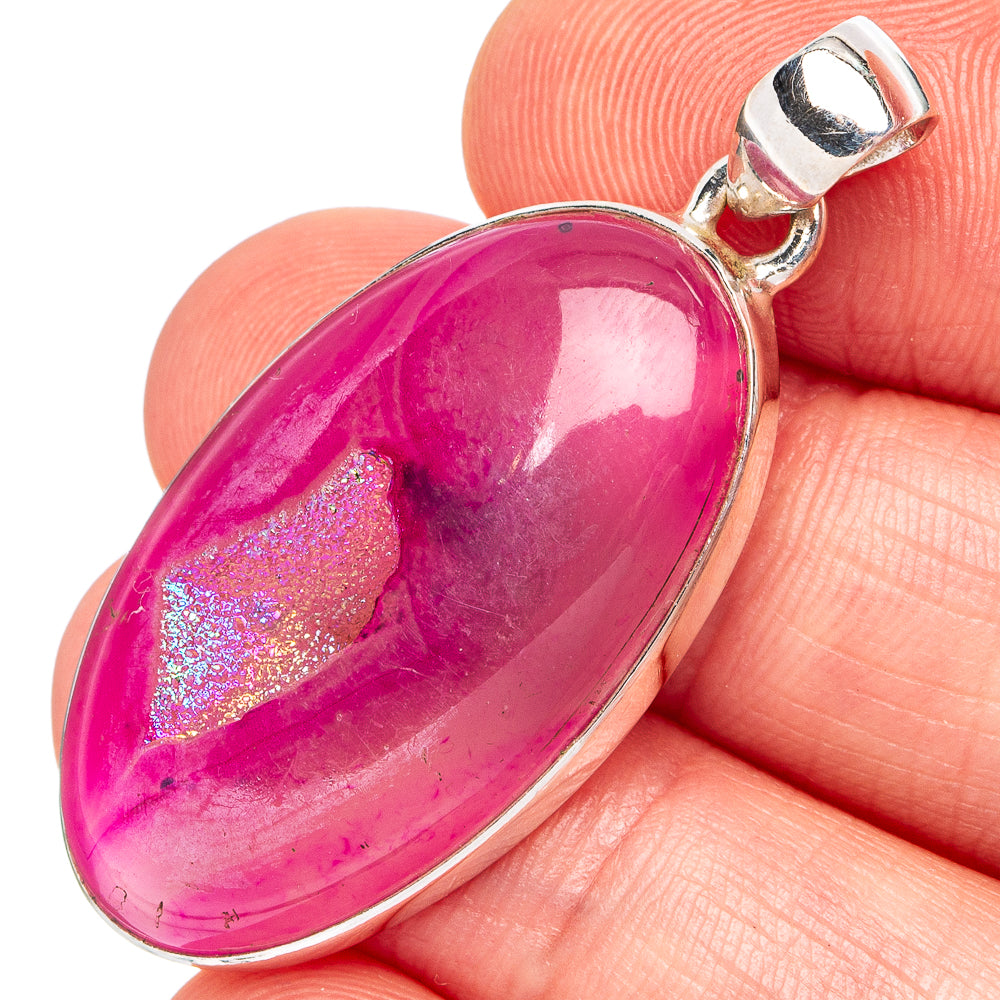 Pink agate druzy teardrop pendant in .925 sterling silver bezel with bail