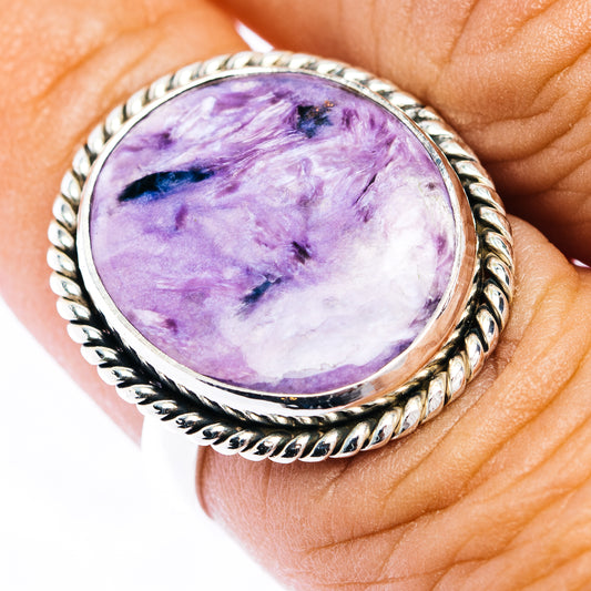 Oval purple charoite cabochon ring in .925 sterling silver, braided bezel, size 7
