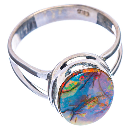 Sterling silver opal cabochon ring, oval stone with multicolor blue-red flecks on band