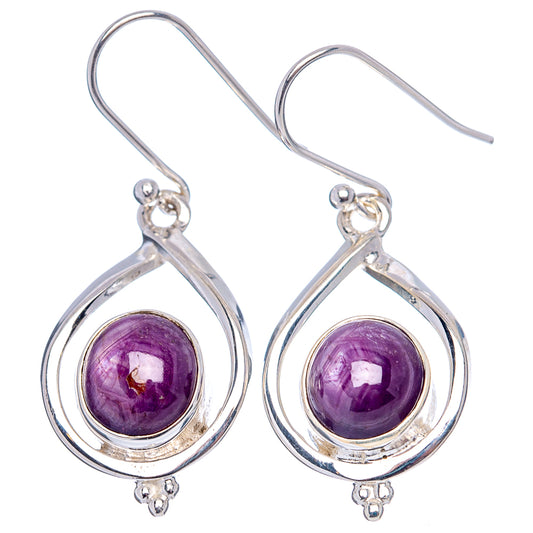 Sterling silver teardrop drop earrings with purple star ruby cabochons and dangle loops