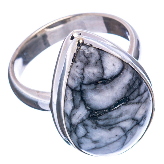 Sterling silver jasper ring with teardrop cabochon, marbled gray stone in bezel setting