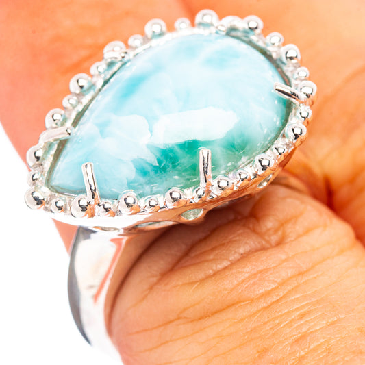 Oval larimar ring, .925 sterling silver, size 6.5, turquoise stone bead halo