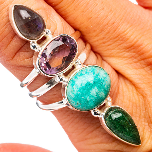 Sterling silver ring with oval purple, turquoise, dark-green stones, and gray stone