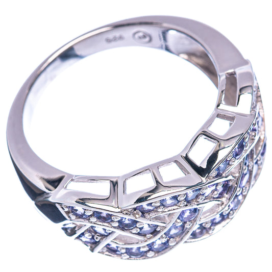 Sterling silver tanzanite ring, faceted blue stones around band, cutout square links