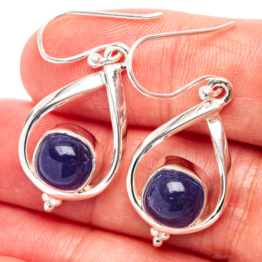 Sterling silver drop earrings with round blue-violet tanzanite gemstones and curved hooks