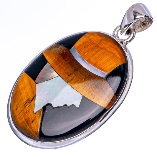 Tiger Eye And Mother Of Pearl Inlay Pendant 1 5/8" (925 Sterling Silver) P41320