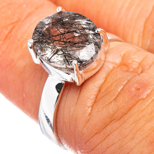 Oval tourmalinated quartz set in sterling silver ring, size 6, close-up