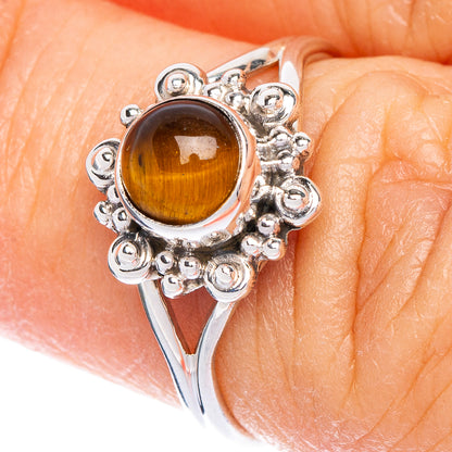 Dainty 925 sterling silver flower ring with round tiger eye cabochon