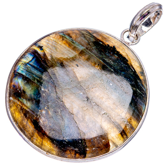 Round labradorite pendant, blue-gray with golden highlights, silver-plated bail
