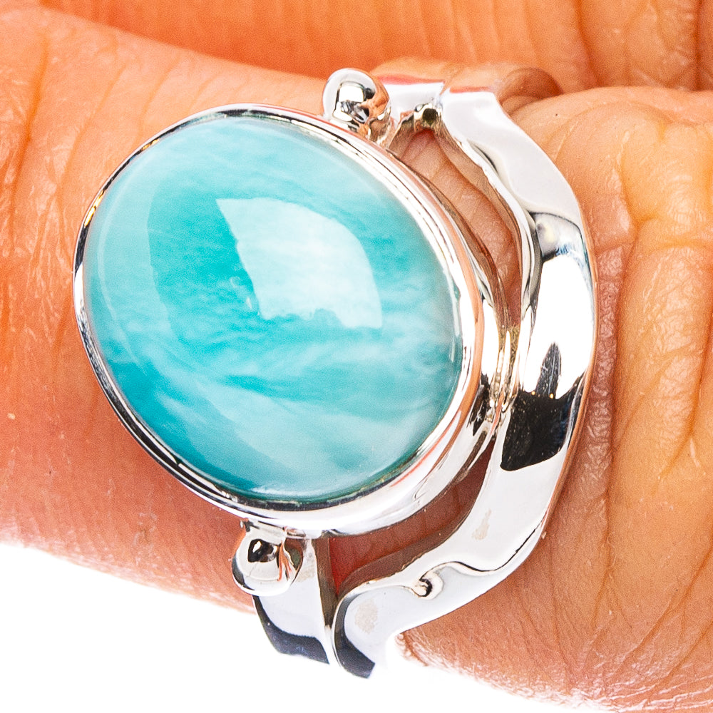 Larimar gemstone silver ring with oval turquoise cabochon bezel setting
