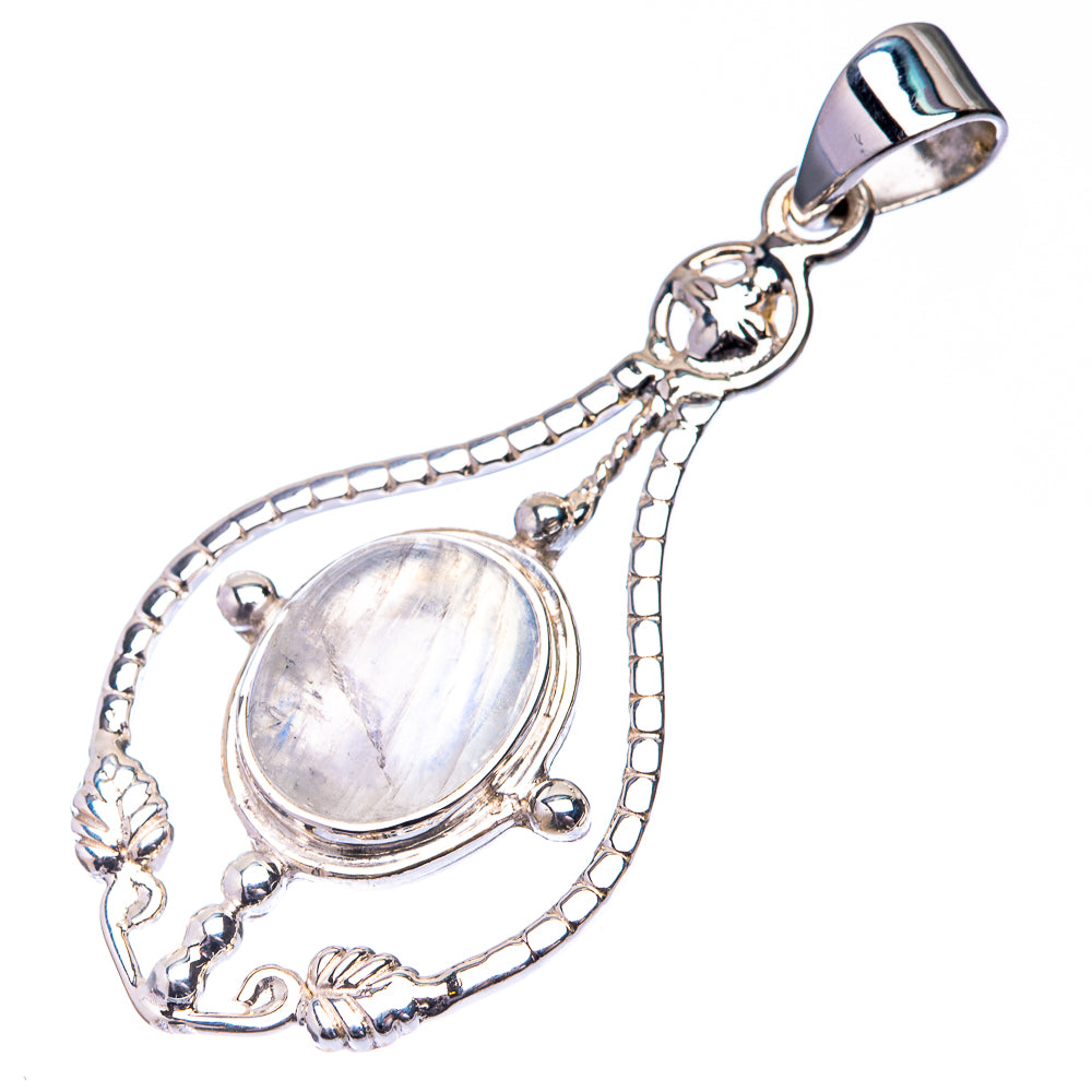 Sterling silver moonstone pendant with decorative scrolls, oval stone, and open bail