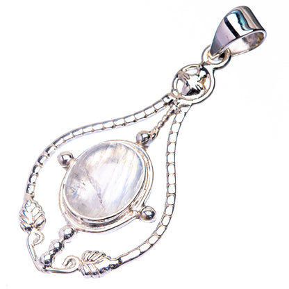 Sterling silver moonstone pendant with decorative scrolls, oval stone, and open bail