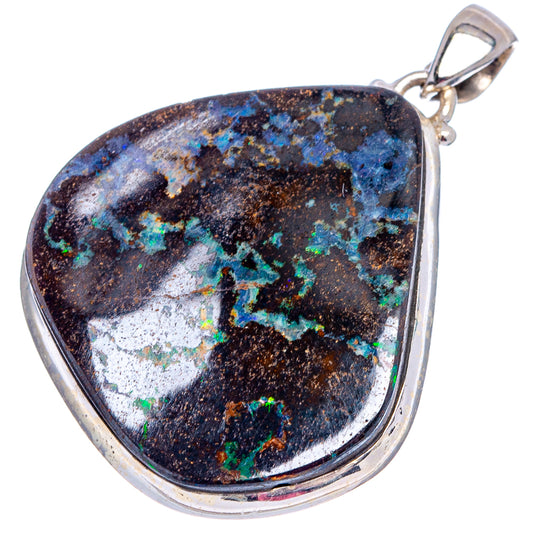 Sterling silver boulder opal pendant, teardrop cabochon with blue-green speckling and dark base