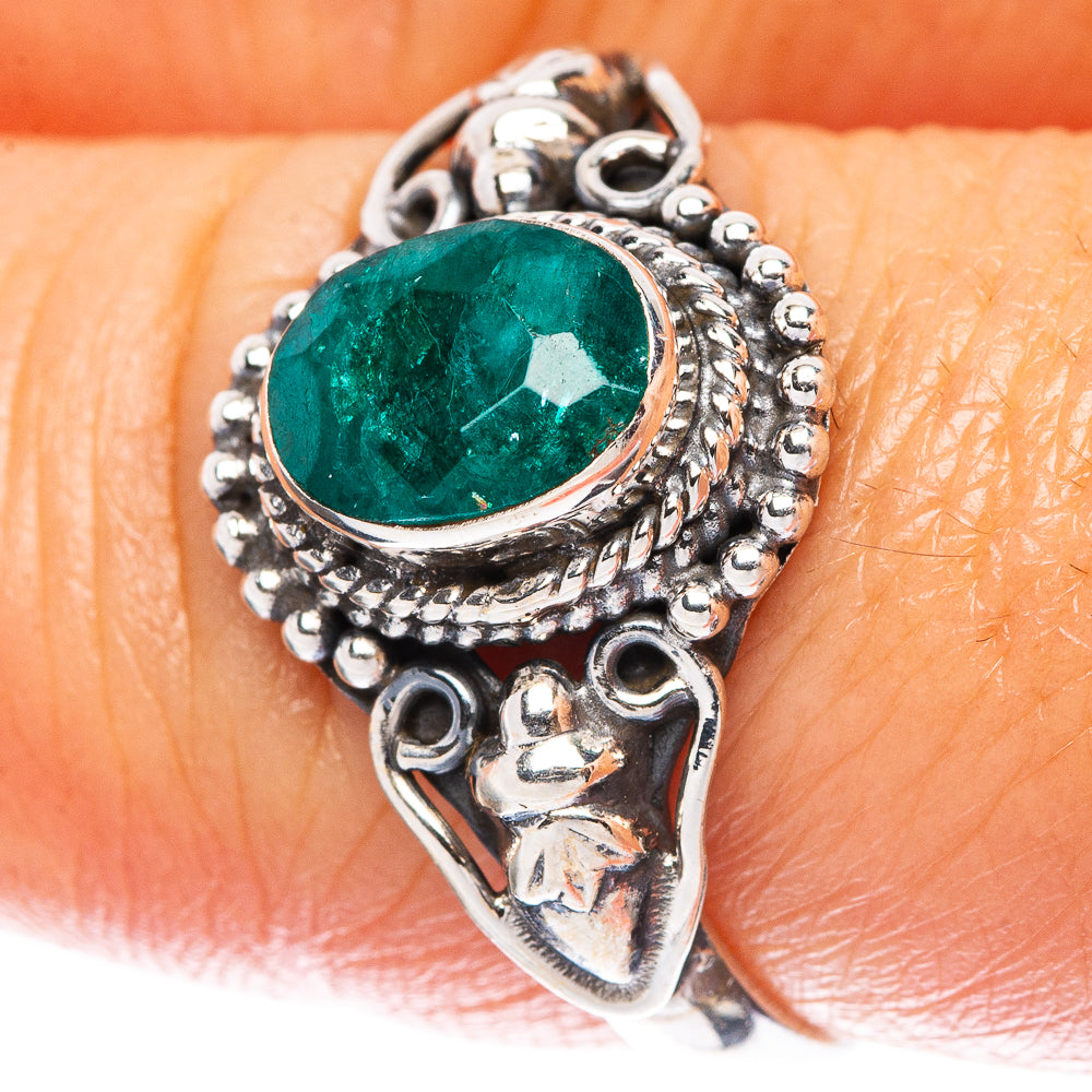 925 sterling silver dainty ring with oval green malachite cabochon, ornate border