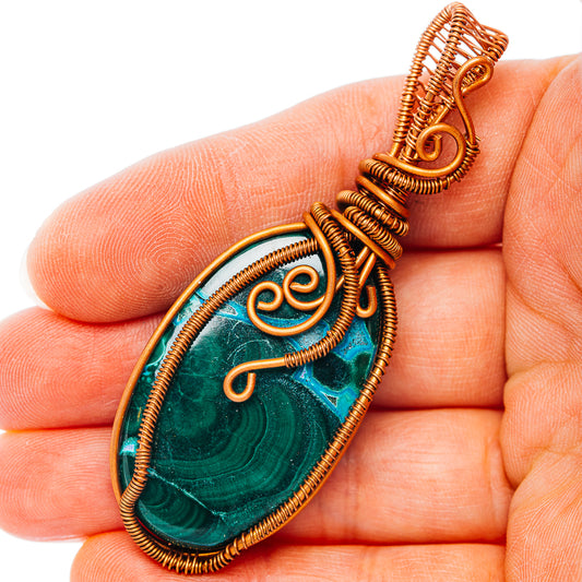 Malachite In Chrysocolla Wire Wrap Pendant 2 3/4" (Copper)