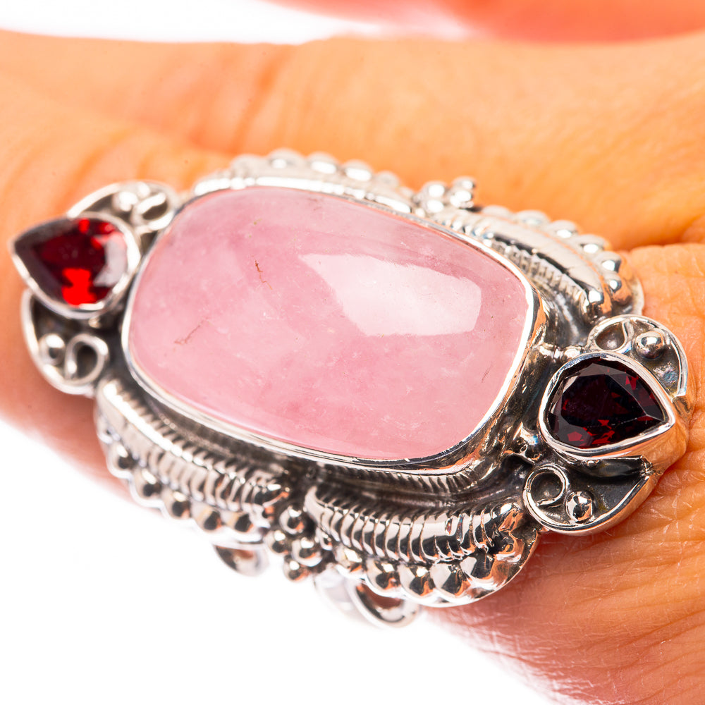 Oval pink gemstone ring in 925 sterling silver with red garnet accents, size 9