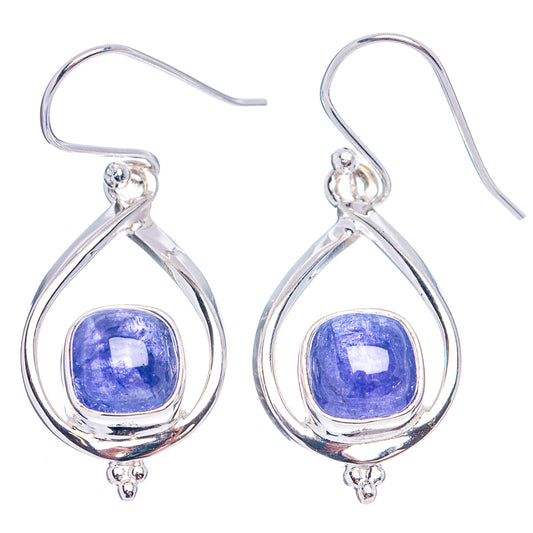 Sterling silver tanzanite drop earrings with oval teardrop frame and blue stone