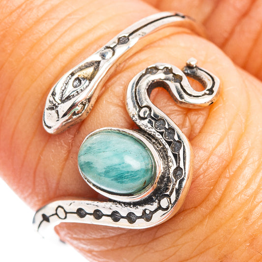Amazonite cabochon snake ring, .925 sterling silver band with round turquoise stone