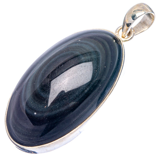 Oval obsidian pendant with dark navy-black swirled stone and .925 sterling silver frame