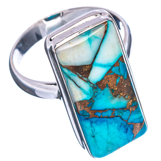 Sterling silver ring with rectangular turquoise gemstone and gold speckled matrix side view