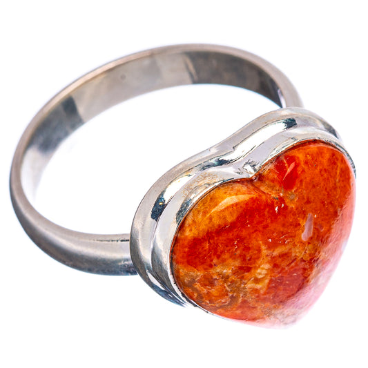 Sterling silver heart coral ring, side view of orange heart cabochon
