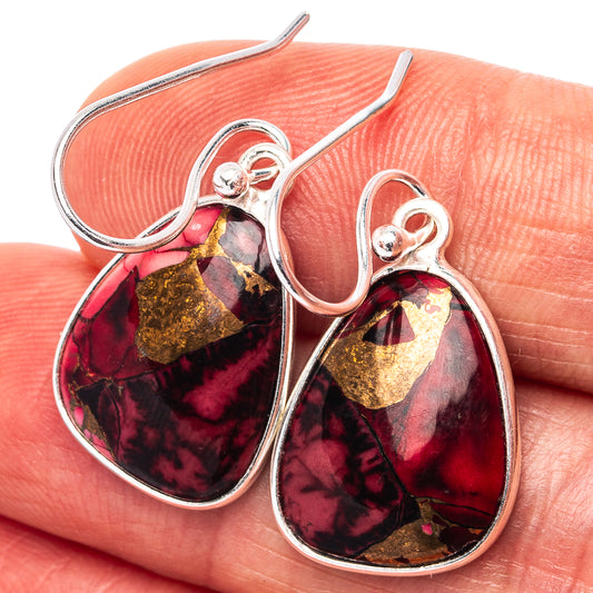 Sterling silver teardrop earrings with red, pink, and gold foil resin