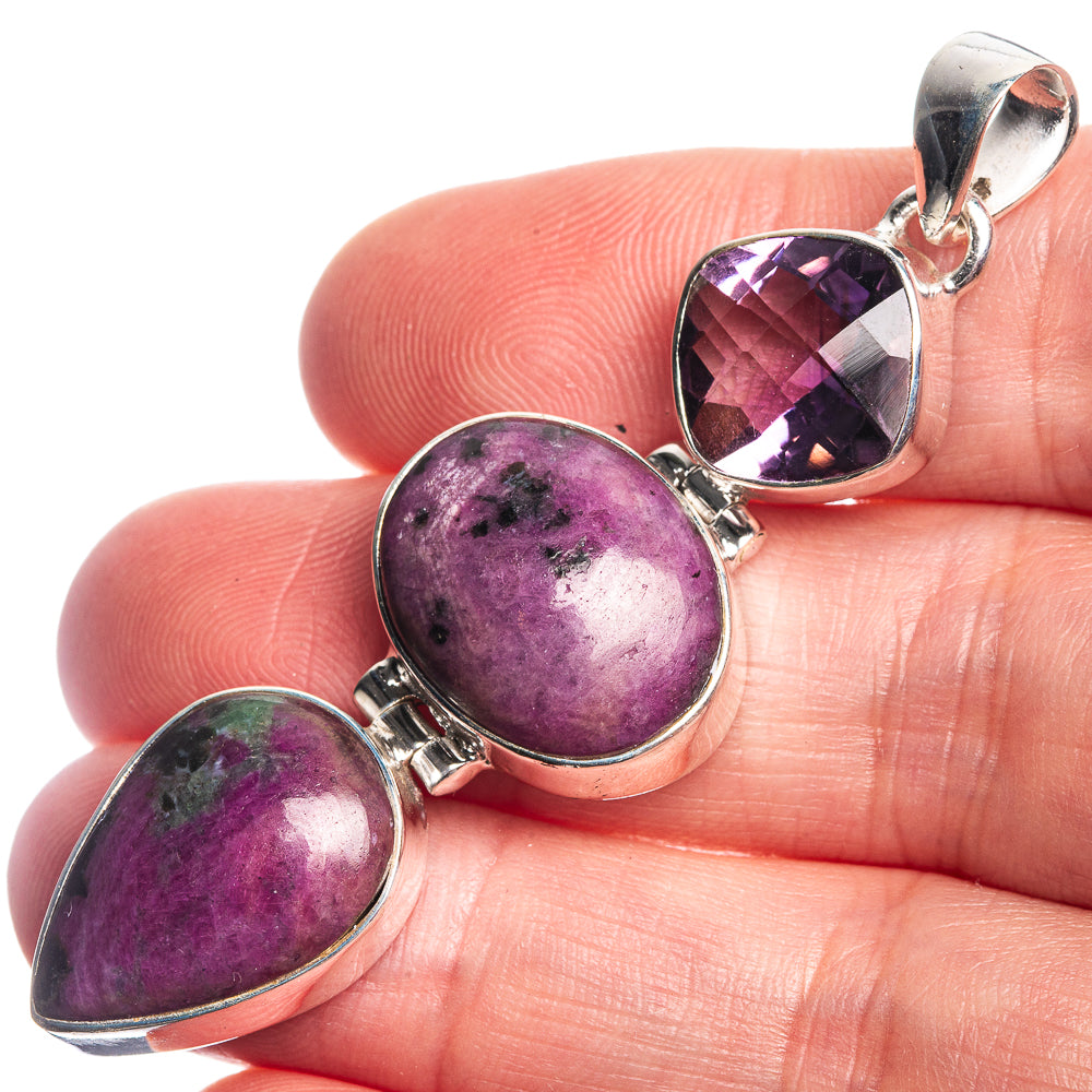 Ruby Zoisite, Amethyst 925 Sterling Silver Pendant 2 1/2"