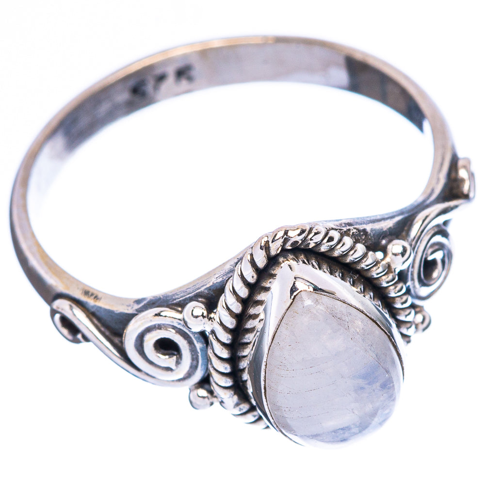 Oval moonstone cabochon ring in 925 sterling silver, side scroll and beaded edging