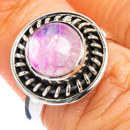 Pink moonstone oval cabochon ring in .925 sterling silver, braided prong bezel