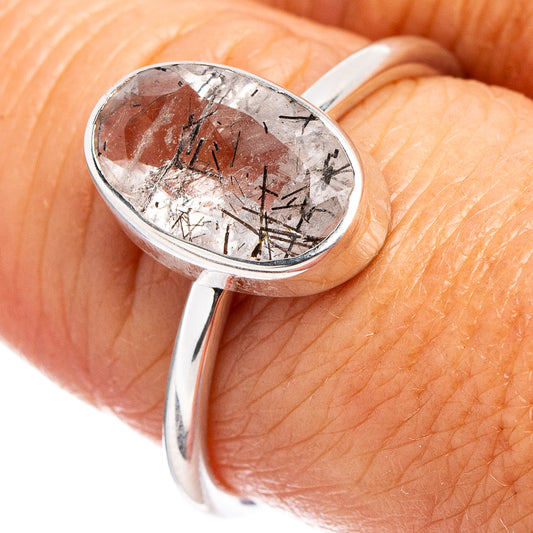 Sterling silver tourmalinated quartz ring, oval stone with dark lines (size 7.75)