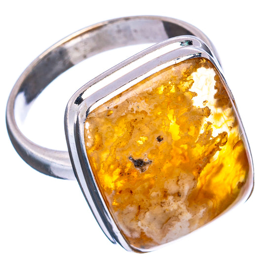 Sterling silver agate ring with amber mottled rectangular cushion stone bezel