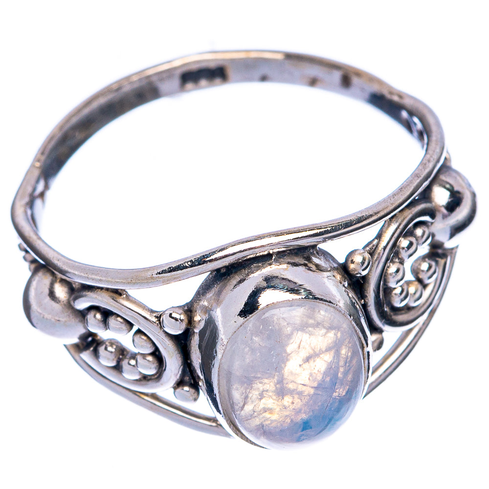 Rainbow moonstone dainty ring, size 7.25, oval stone with silver filigree band