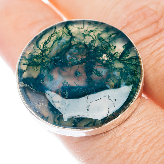 Sterling silver bezel ring with oval green-blue moss agate cabochon