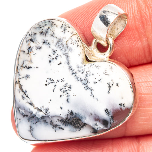 Dendrite agate heart pendant with sterling silver bezel, white stone with dark dendrite lines.