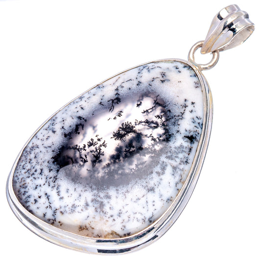 Teardrop dendritic opal pendant in polished .925 sterling silver with bail, full view