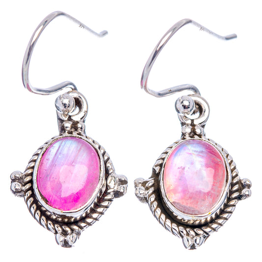 Oval pink moonstone drop earrings in antique silver frames with lever hooks
