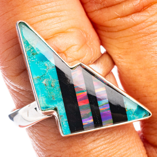 Sterling silver ring with turquoise opal center, black stripe, and colorful striped inlay