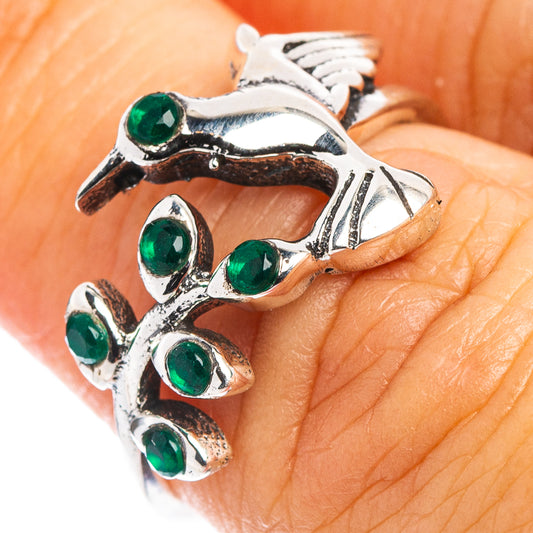 Sterling silver dainty hummingbird ring with green oval onyx stones, size 6.75