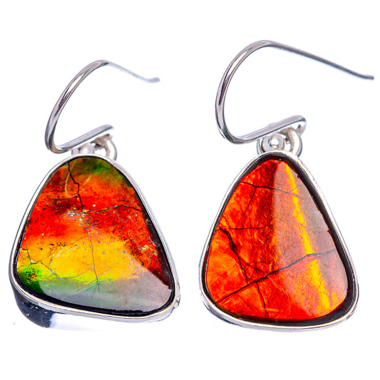 Triangular ammolite earrings, polished sterling silver settings with rainbow red, green, amber