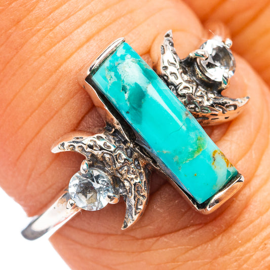 Mojave turquoise gemstone ring .925 sterling silver, rectangle bezel with ornate moon design