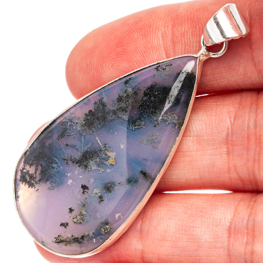 Silver-plated moss agate pendant with teardrop cabochon, purple-blue with dark green moss