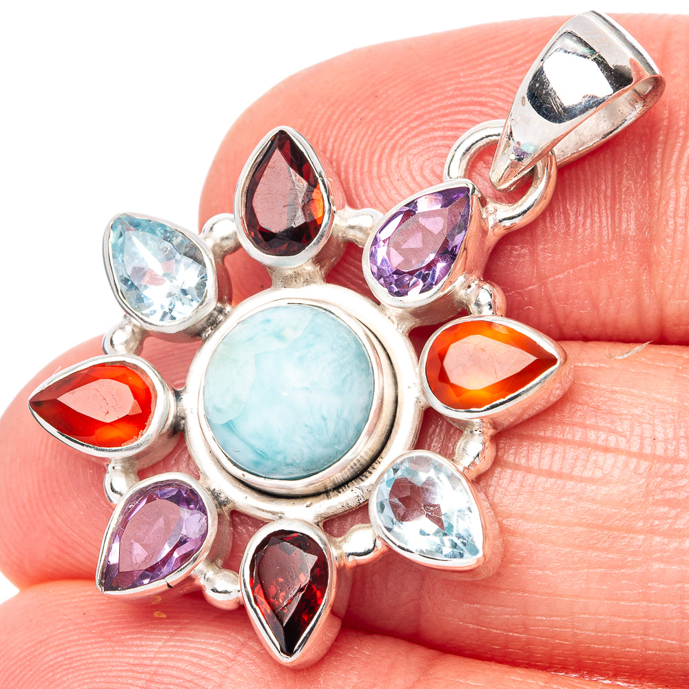 Larimar, Garnet, Amethyst, Carnelian, Blue Topaz Pendant 1 3/8" (925 Sterling Silver) P42736
