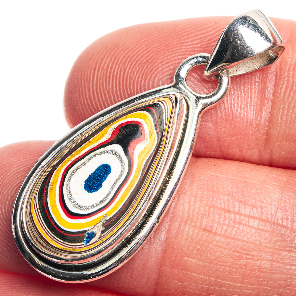 Sterling silver teardrop pendant with colorful marbled fordite inlay and loop bail
