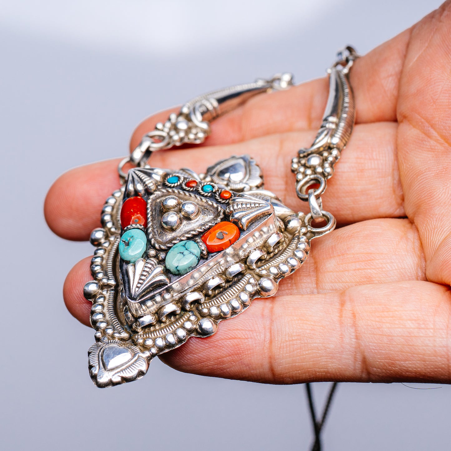Tibetan Turquoise, Red Coral Necklace 22 to 23" (.925 Sterling Silver)