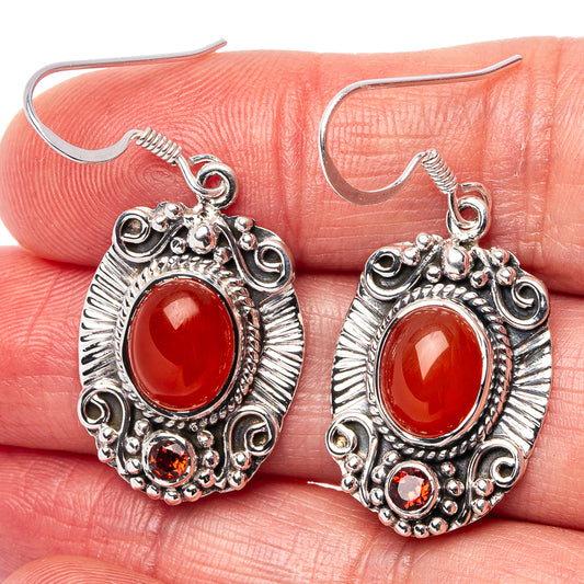 Sterling silver carnelian drop earrings with red oval stone and small round accents