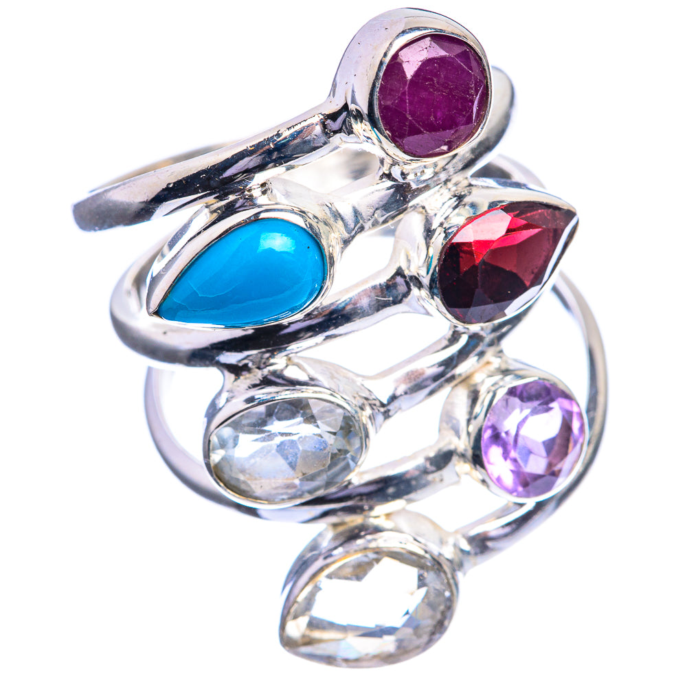 Sterling silver multi-stone ring with oval turquoise, red marquise, and purple amethyst